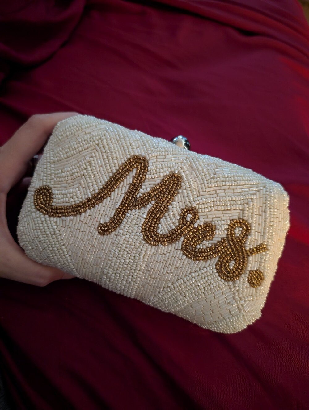 Beaded 'Mrs.' Ivory Clutch with Gold Detail - Picture 3 of 4